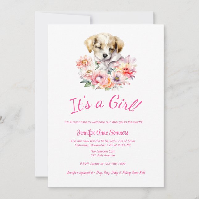 Invitación a Baby Shower de Cachorros y Flores (Anverso)