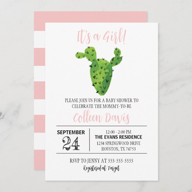 Invitación a Baby Shower de Cactus Chica (Anverso / Reverso)