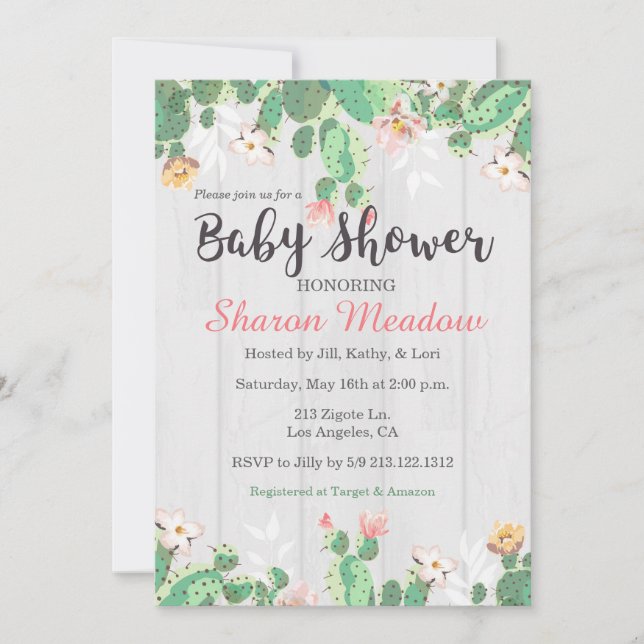 Invitación a Baby Shower de Cactus de Floral Dulce (Anverso)