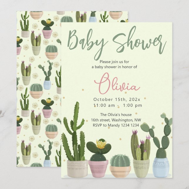 Invitación a Baby Shower de Cactus Fiesta (Anverso / Reverso)