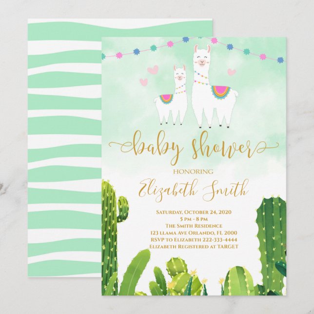 Invitación a Baby Shower de Cactus Llama (Anverso / Reverso)