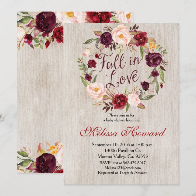 Invitación a Baby Shower de Caer en Amor (Anverso / Reverso)
