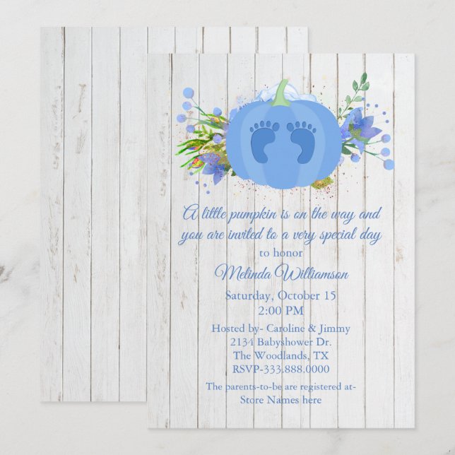 Invitación a Baby Shower de calabaza azul (Anverso / Reverso)