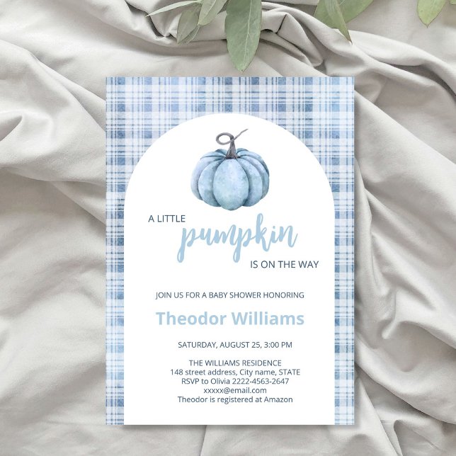 Invitación a Baby Shower de calabaza azul | Tema d (Little pumpkin minimalistic autumn fall baby shower invitation )