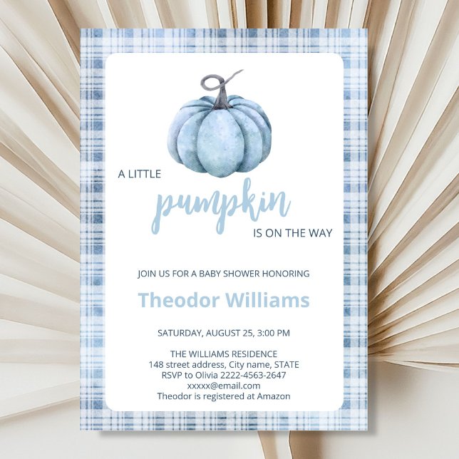 Invitación a Baby Shower de calabaza azul | Tema d (Little pumpkin minimalistic autumn fall blue boy baby shower invitation )