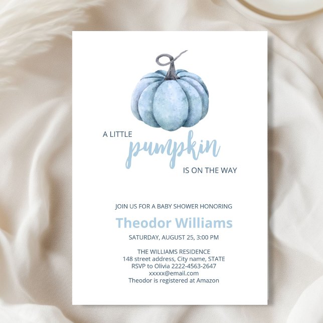 Invitación a Baby Shower de calabaza azul | Tema d (Little pumpkin minimalistic autumn fall baby shower invitation boy)