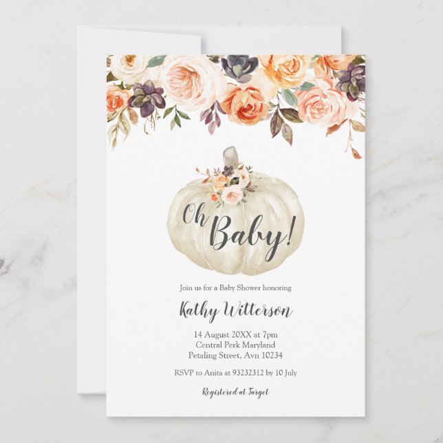 Invitación a Baby Shower de calabaza blanca floral (Anverso)