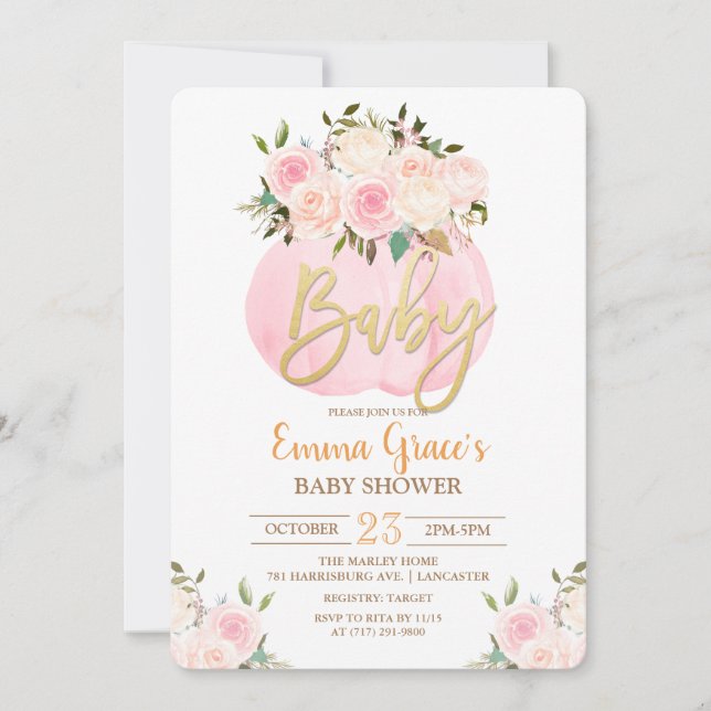 Invitación a Baby Shower de calabaza floral (Anverso)