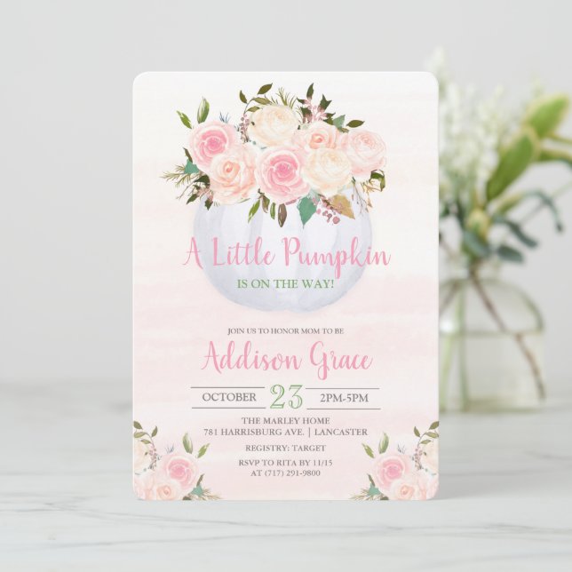 Invitación a Baby Shower de calabaza floral (Anverso de pie)
