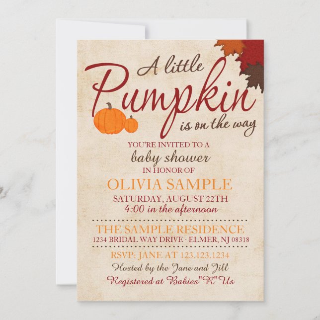 Invitación a Baby Shower de calabaza otoñal (Anverso)