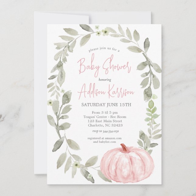 Invitación a Baby Shower de calabaza rosa (Anverso)