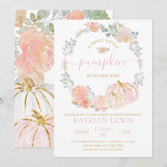 Invitación a Baby Shower de calabaza rosa (Anverso / Reverso)