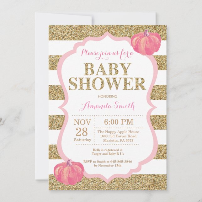 Invitación a Baby Shower de calabaza rosa y dorada (Anverso)
