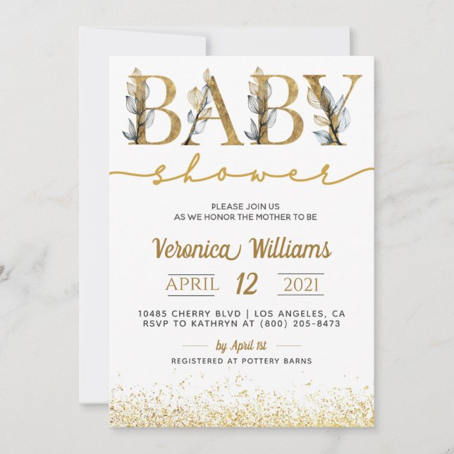 Invitación a Baby Shower de caligrafía de oro (Anverso)