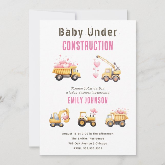 Invitación a Baby Shower de Camión de Construcción (Anverso)