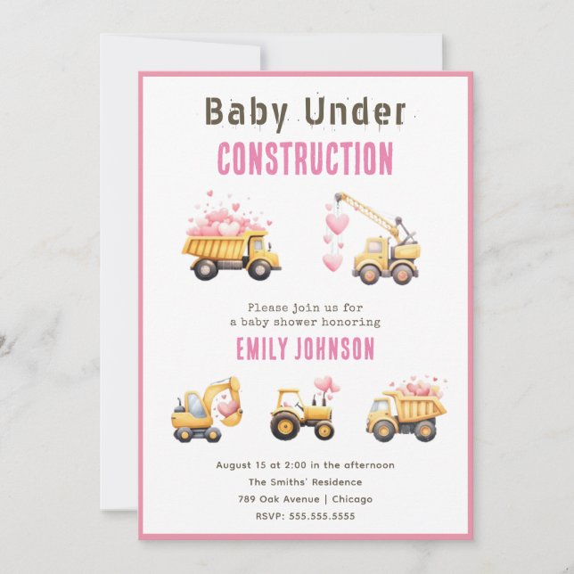 Invitación a Baby Shower de Camión de Construcción (Anverso)