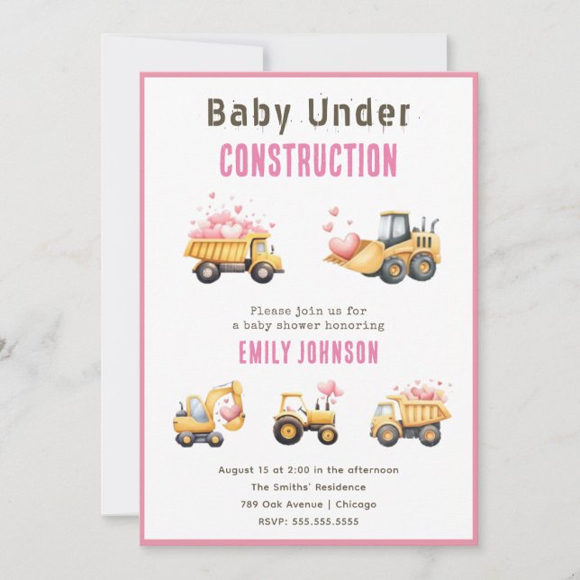 Invitación a Baby Shower de Camión de Construcción (Anverso)