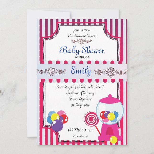 Invitación a Baby Shower de caramelos y dulces (Anverso)