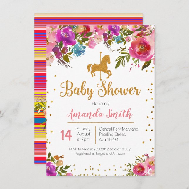 Invitación a Baby Shower de Carousel Horse (Anverso / Reverso)