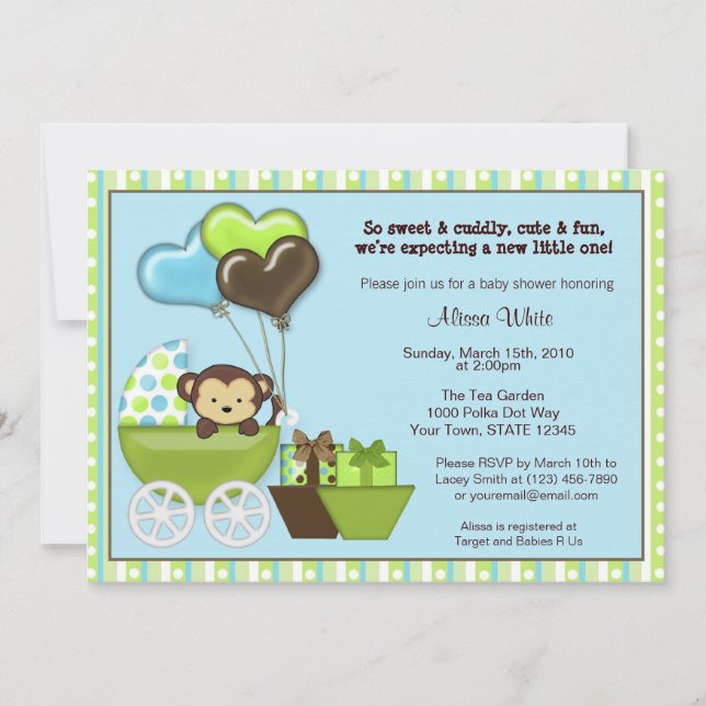 Invitación a baby shower de carruaje de mono AZUL  (Anverso)