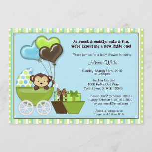 Invitación a baby shower de carruaje de mono AZUL