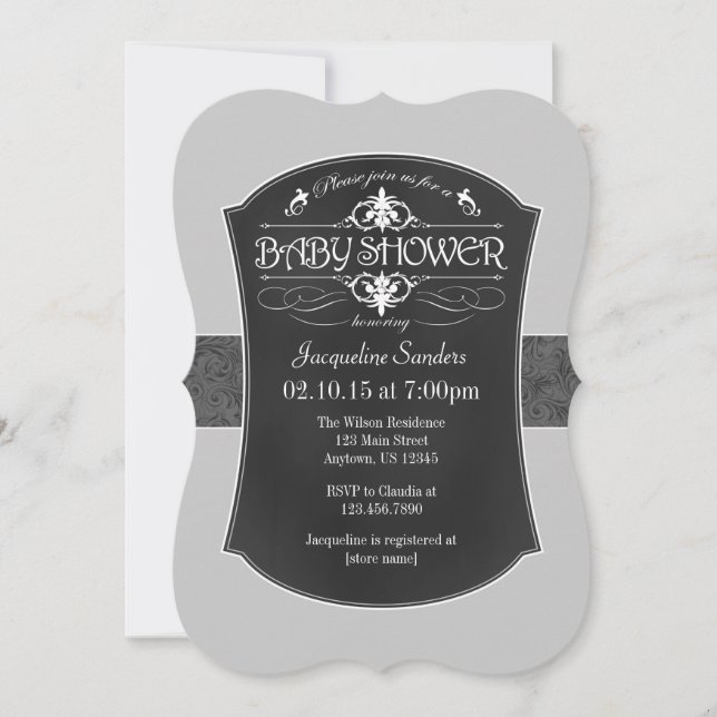 Invitación a Baby Shower de cartón gris (Anverso)