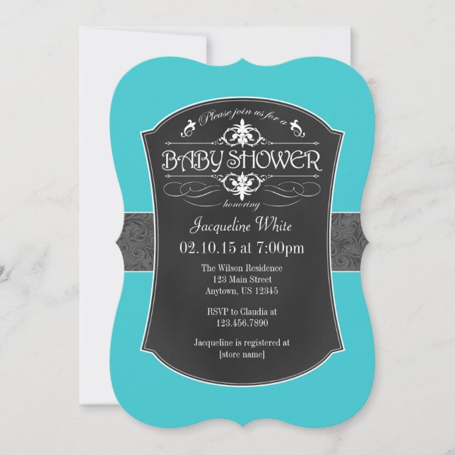 Invitación a Baby Shower de cartón gris turquesa (Anverso)