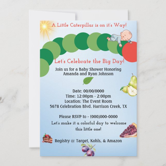 Invitación a Baby Shower de Caterpillar (Anverso)