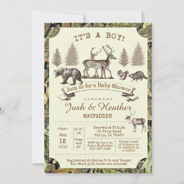 Invitación a baby shower de caza de venados (Anverso)