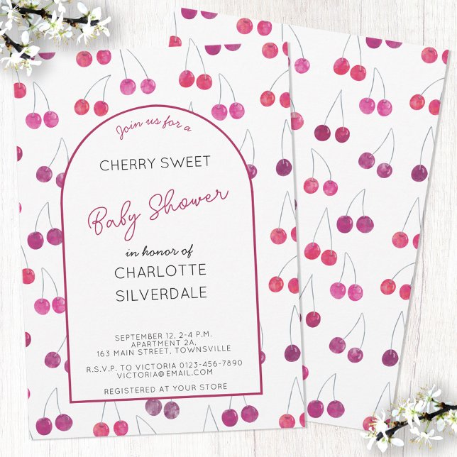 Invitación a Baby Shower de cerezo (Pretty watercolor cherry pattern personalized custom text baby shower invitation)