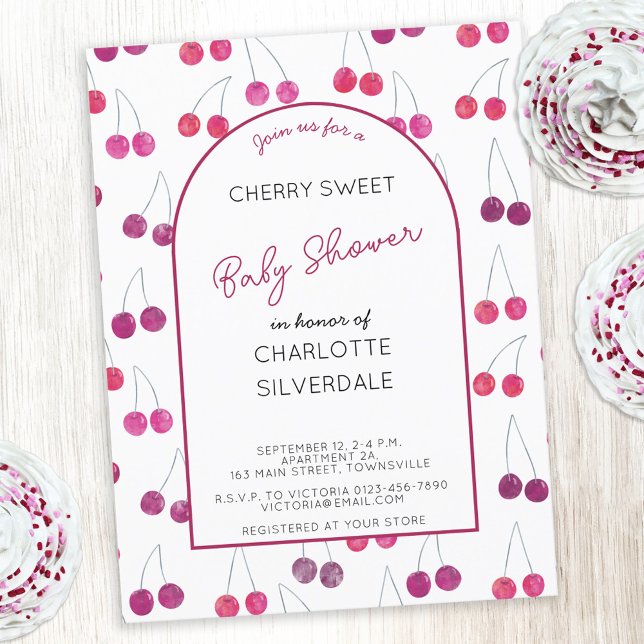 Invitación a Baby Shower de cerezo (Watercolor cherry sweet personalized custom text baby shower invitation)
