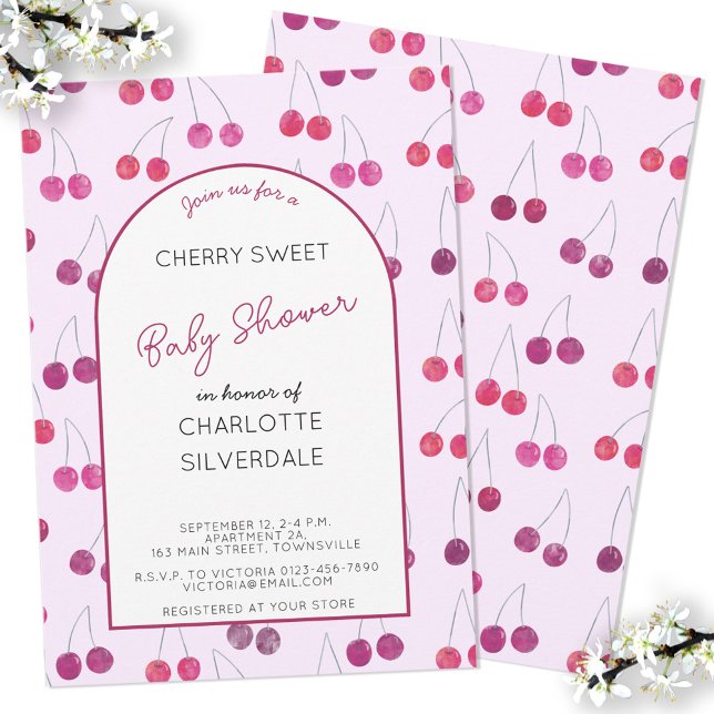Invitación a Baby Shower de cerezo (Personalize custom text cherry watercolor baby shower invitations)