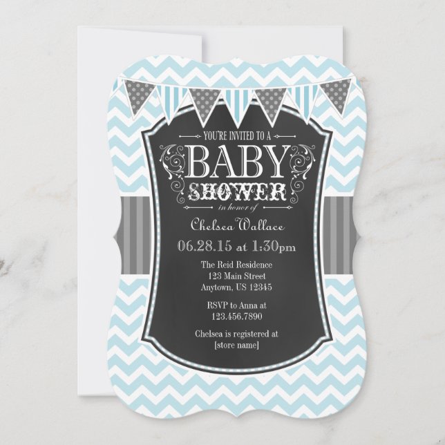 Invitación a Baby Shower de Chalkboard Chevron azu (Anverso)