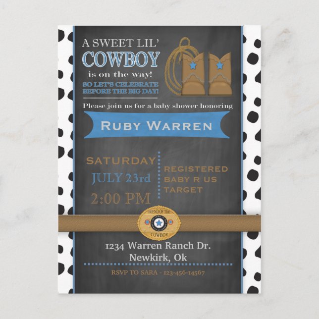 Invitación a Baby Shower de Chalkboard Cowboy (Anverso)