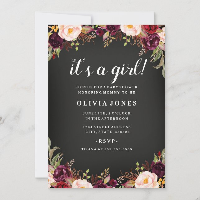 Invitación a Baby Shower de Chalkboard Floral Burg (Anverso)