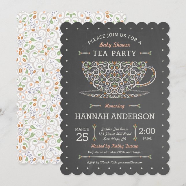 Invitación a Baby Shower de Chalkboard Lacy Teacup (Anverso / Reverso)