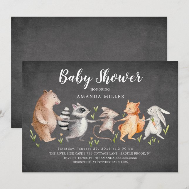 Invitación a Baby Shower de Chalkboard Woodland An (Anverso / Reverso)