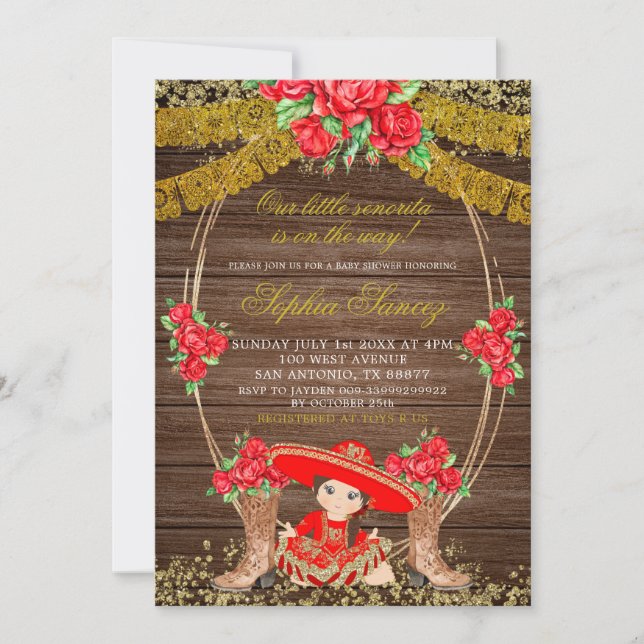 Invitación a Baby Shower de Charra Roja Mexicana d (Anverso)