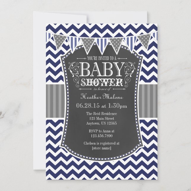 Invitación a Baby Shower de Chevron Chalkboard azu (Anverso)