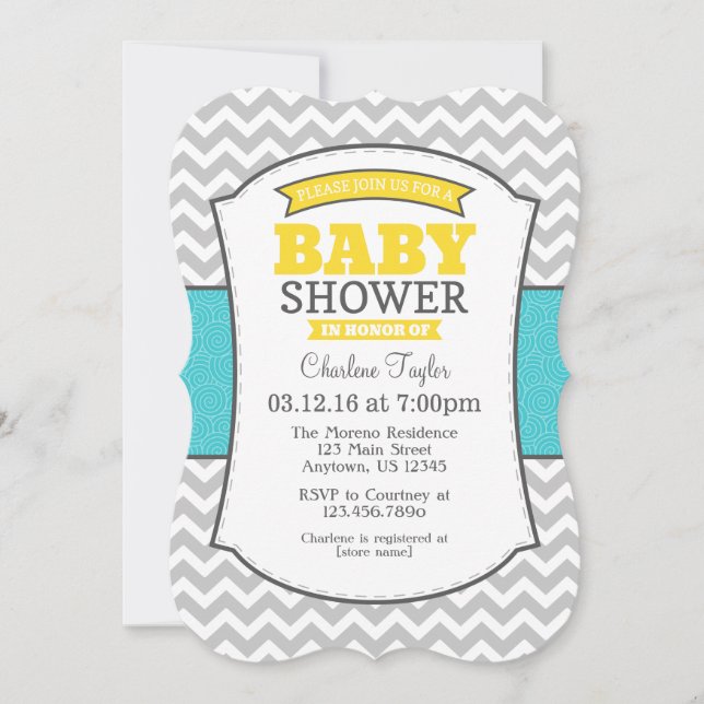Invitación a Baby Shower de Chevron gris amarillo  (Anverso)