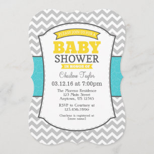 Invitación a Baby Shower de Chevron gris amarillo 