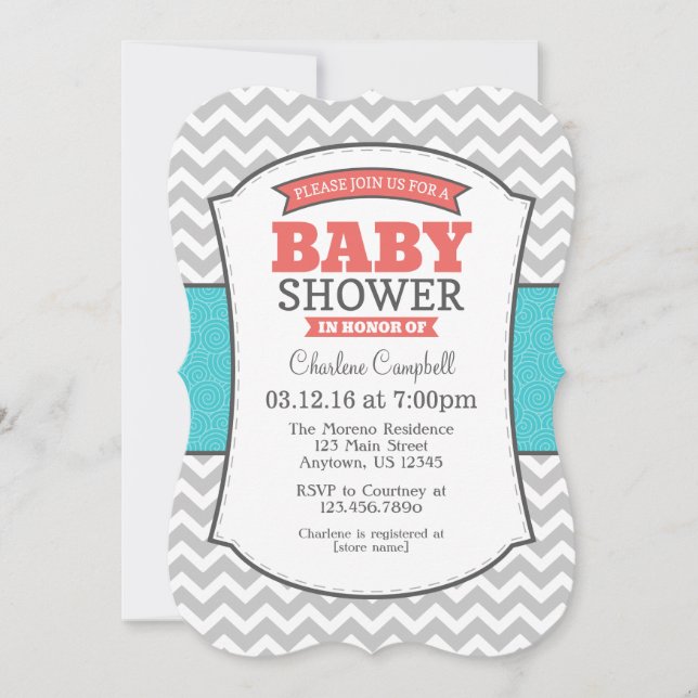 Invitación a Baby Shower de Chevron gris coral ver (Anverso)