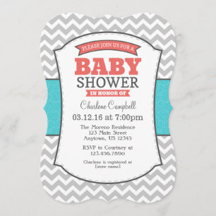 Invitación a Baby Shower de Chevron gris coral Ver
