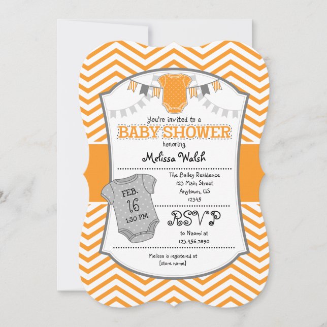 Invitación a Baby Shower de Chevron gris naranja (Anverso)
