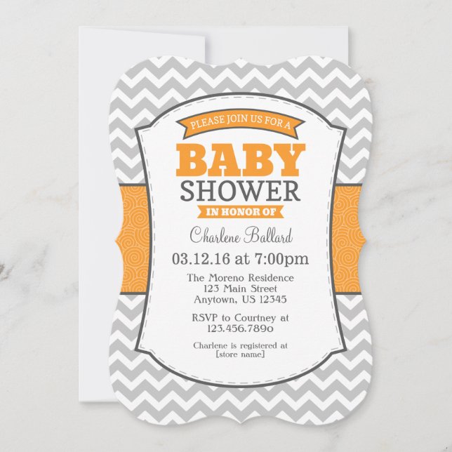 Invitación a Baby Shower de Chevron gris naranja (Anverso)