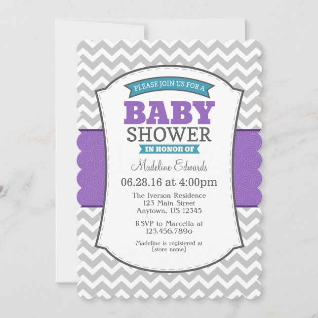 Invitación a Baby Shower de Chevron gris púrpura v (Anverso)