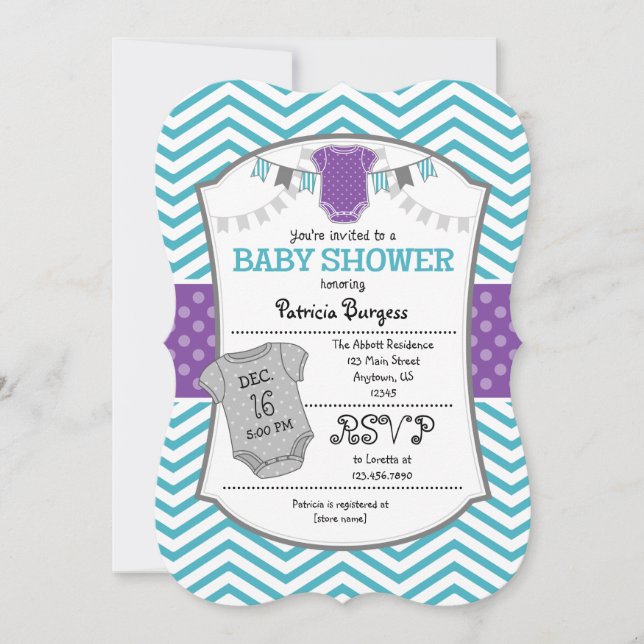Invitación a Baby Shower de Chevron gris púrpura v (Anverso)