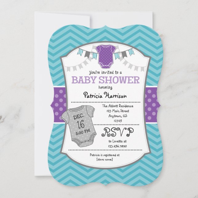 Invitación a Baby Shower de Chevron gris púrpura v (Anverso)