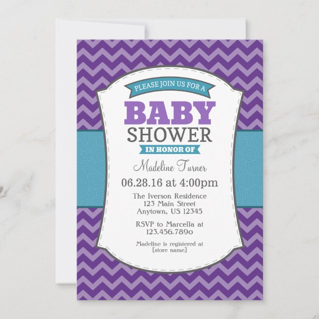 Invitación a Baby Shower de Chevron gris púrpura v (Anverso)