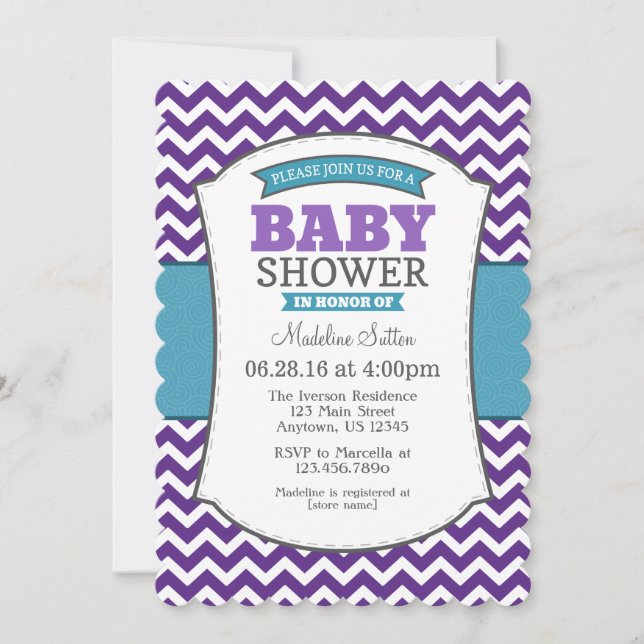 Invitación a Baby Shower de Chevron gris púrpura v (Anverso)